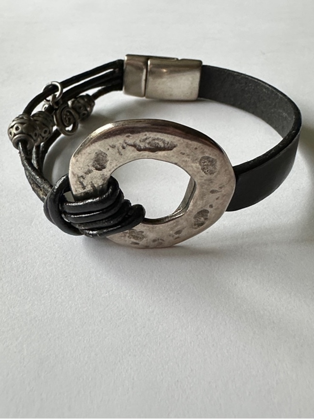 Black Leather Bracelet with Silver Ring Accent Magnetic Closure